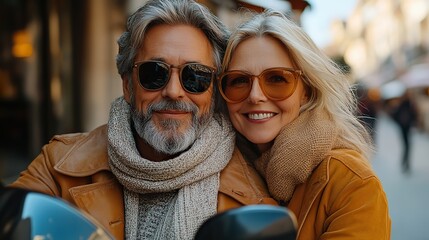 portrait of happy senior couple tourists riding scooter together outdoors in town