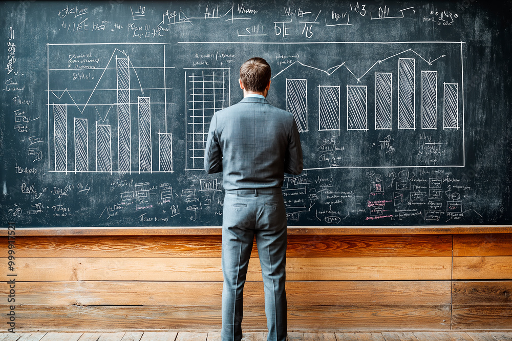 Poster businessperson analyzing graphs and charts on a blackboard during a brainstorming session.