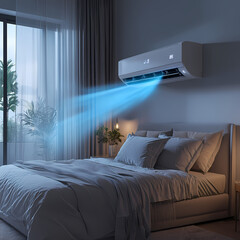 White air conditioner emitting cool blue breeze, blowing across bedroom, covering small particles, creating fresh atmosphere.