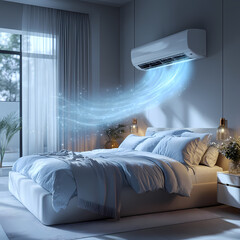 White air conditioner emitting cool blue breeze, blowing across bedroom, covering small particles, creating fresh atmosphere.