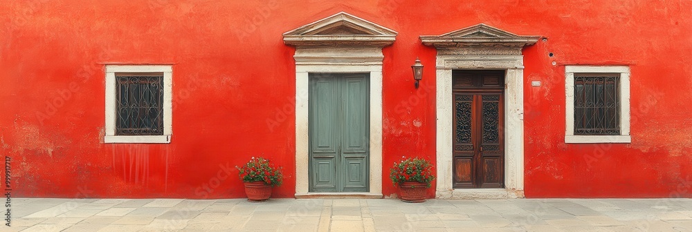 Poster a vibrant red wall with contrasting white window and door frames, adorned with ornate ironwork and a
