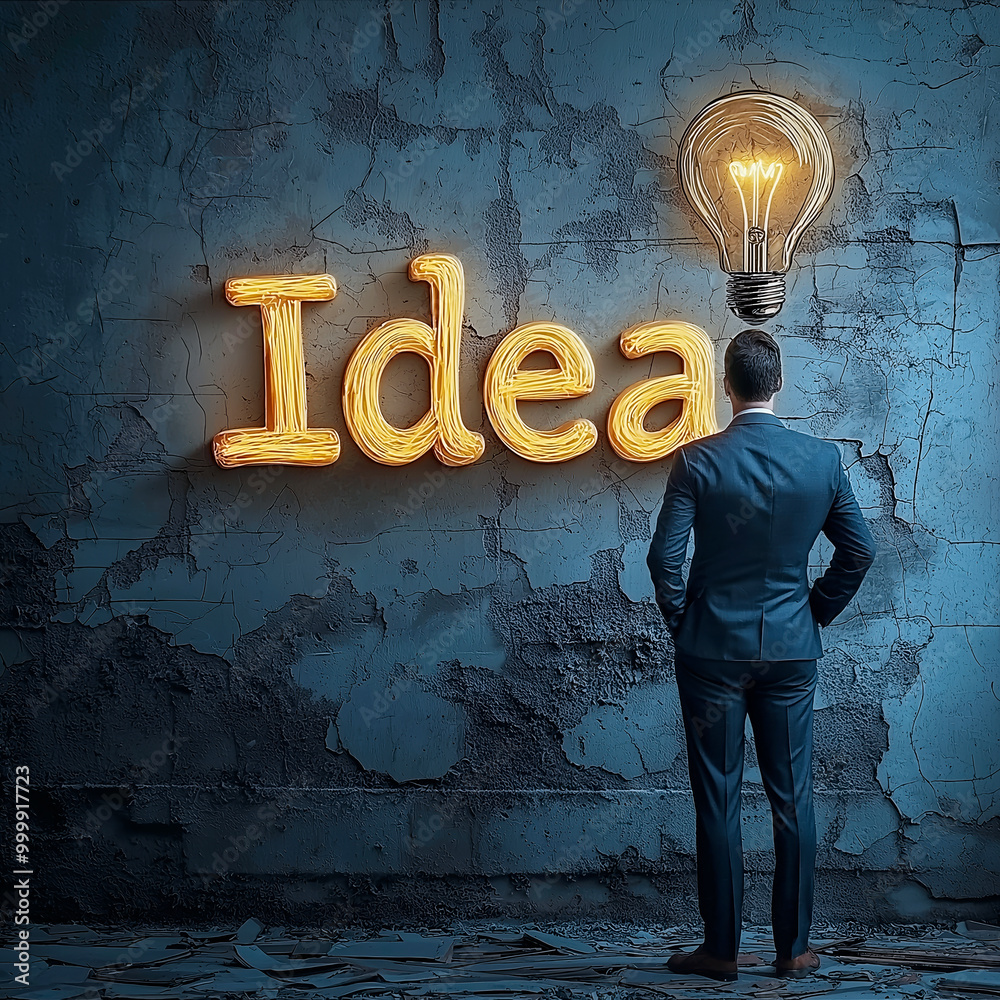 Poster man in a suit looking at glowing idea sign and a lit lightbulb on a cracked wall background.