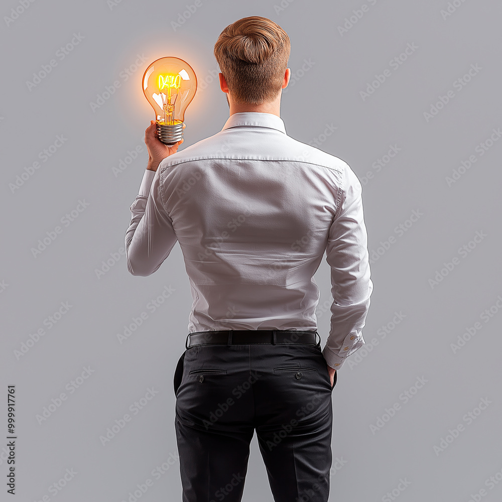 Aufkleber man holding a glowing lightbulb in his hand, symbolizing creativity and innovation. ai generative.