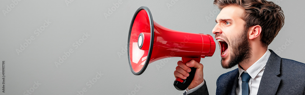 Poster Man shouting through a red megaphone on a gray background.