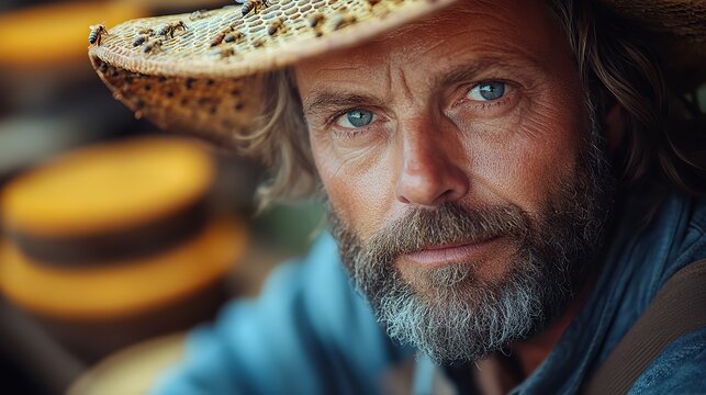 portrait of man beekeeper working in apiary using bee smoker