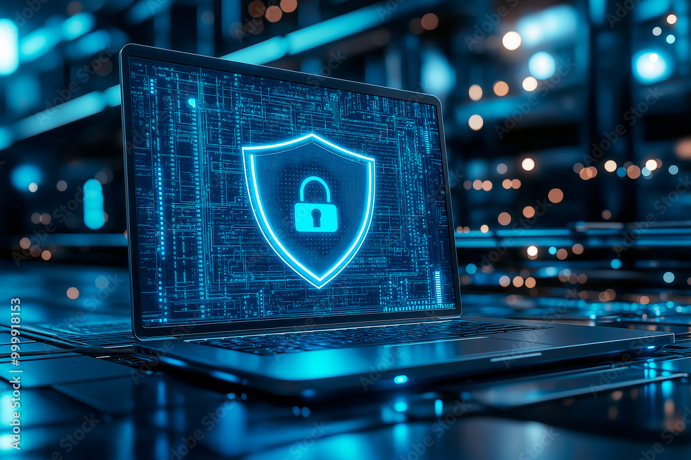 Poster Cybersecurity concept with a laptop displaying a shield and lock icon on a digital network background.