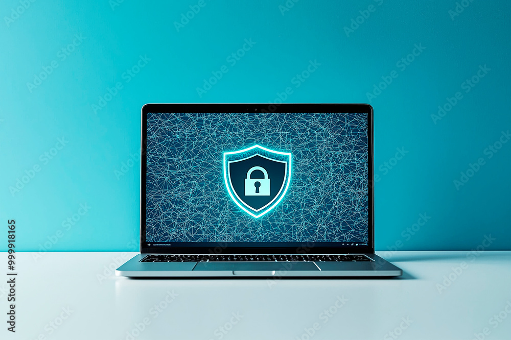 Poster Laptop screen displaying a lock icon on a shield symbol representing cybersecurity on a blue background.