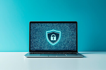 Laptop screen displaying a lock icon on a shield symbol representing cybersecurity on a blue background.