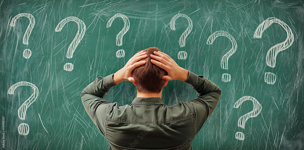 Poster Man holding his head in front of a blackboard with multiple question marks drawn.