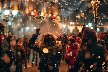Obraz premium A happy girl dances on Christmas night. Everything sparkles and shines