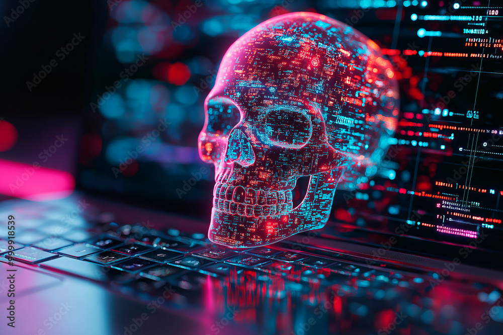 Poster digital skull symbolizing cybersecurity threat and malware on a laptop keyboard in a futuristic, neo