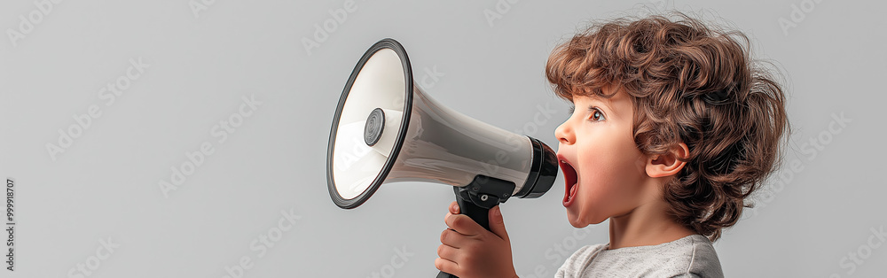 Poster Child yelling into a megaphone on a plain gray background. Concept of communication and expression. Ai generative.