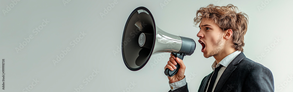 Poster Man in a suit shouting into a megaphone against a light background.