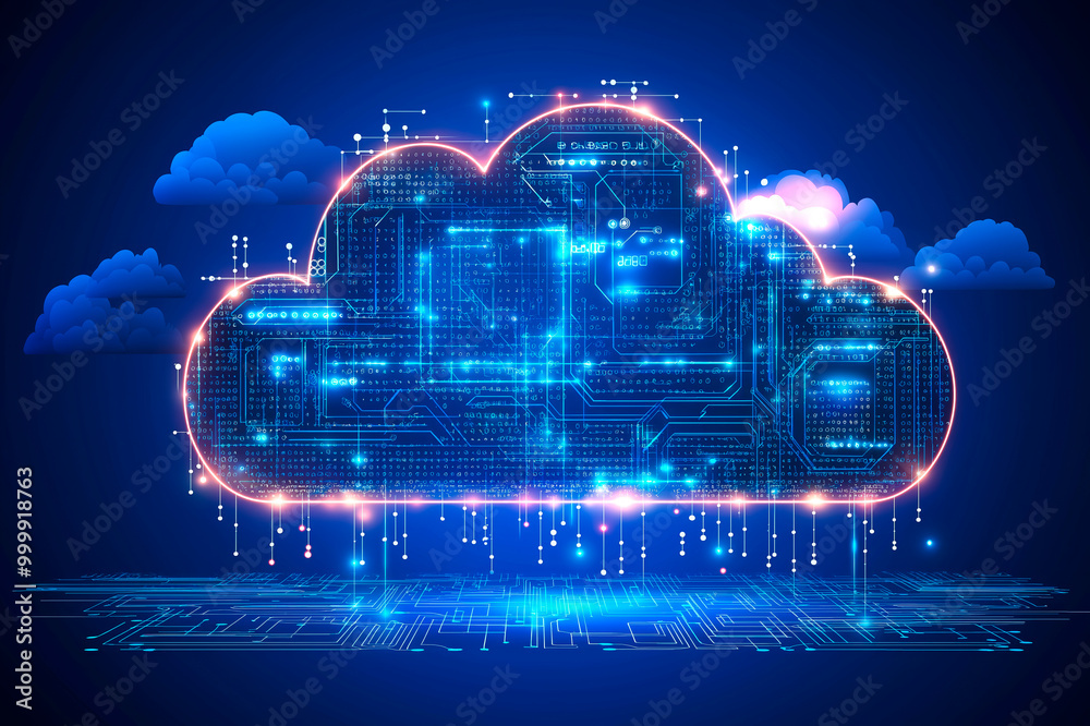 Poster abstract digital cloud computing concept on a dark blue background.