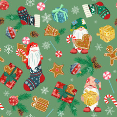 Seamless vector illustration with cute Christmas gnomes on a green background. For decorating textiles, packaging, wallpaper.