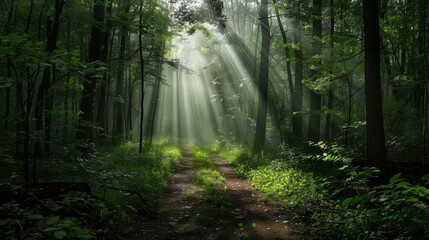 Naklejka premium Sunbeams Illuminating a Forest Path