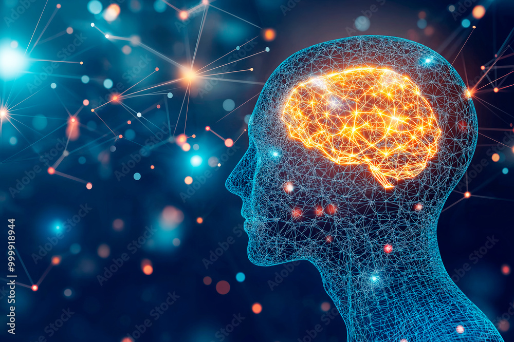 Aufkleber Digital representation of a human head with neural connections and glowing brain on a dark background.