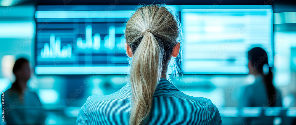Poster woman analyzing data on multiple screens in a modern office environment.
