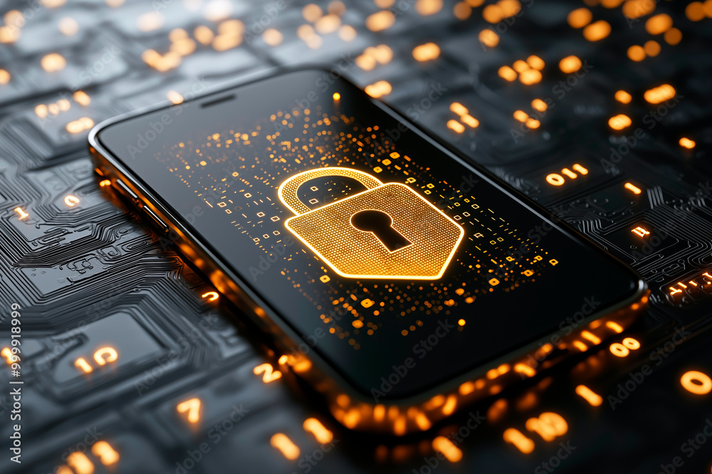 Poster smartphone with lock icon on a digital circuit board background, representing cybersecurity. ai gene