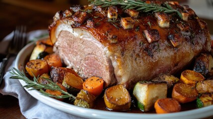 A slow-cooked pork roast with a crispy crackling skin, surrounded by roasted vegetables, giving off an aroma of herbs and seasoning.