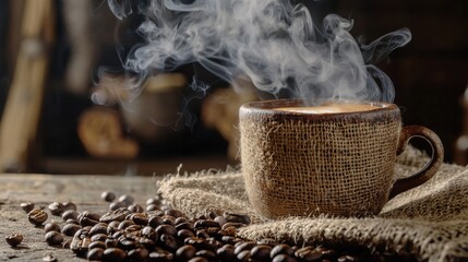 Steaming Hot Cup of Coffee with Roasted Beans on Rustic Burlap Sack