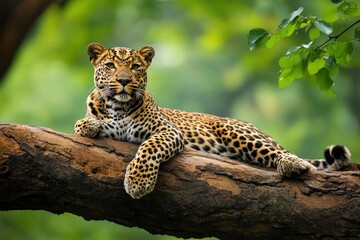 Fototapeta premium wild male leopard or panther or panthera pardus relaxing sitting on tree trunk branch in monsoon season safari and in natural scenic green background.generative ai