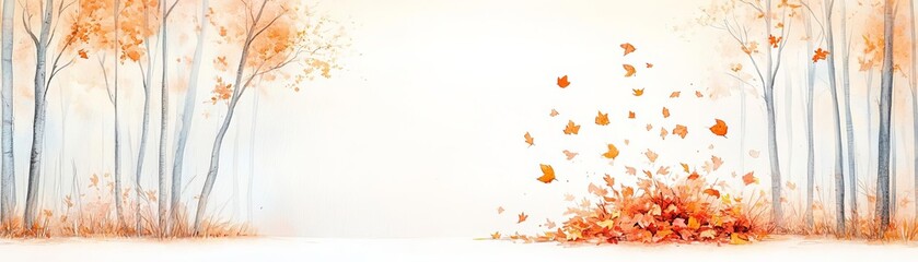 Obraz premium A tranquil autumn day in the wilderness, with a large pile of fallen leaves at the center of the woods the vibrant colors and open space create a serene setting for text