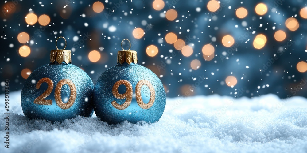 Poster festive blue ornaments with gold number decorations resting on a snowy surface with a background of 
