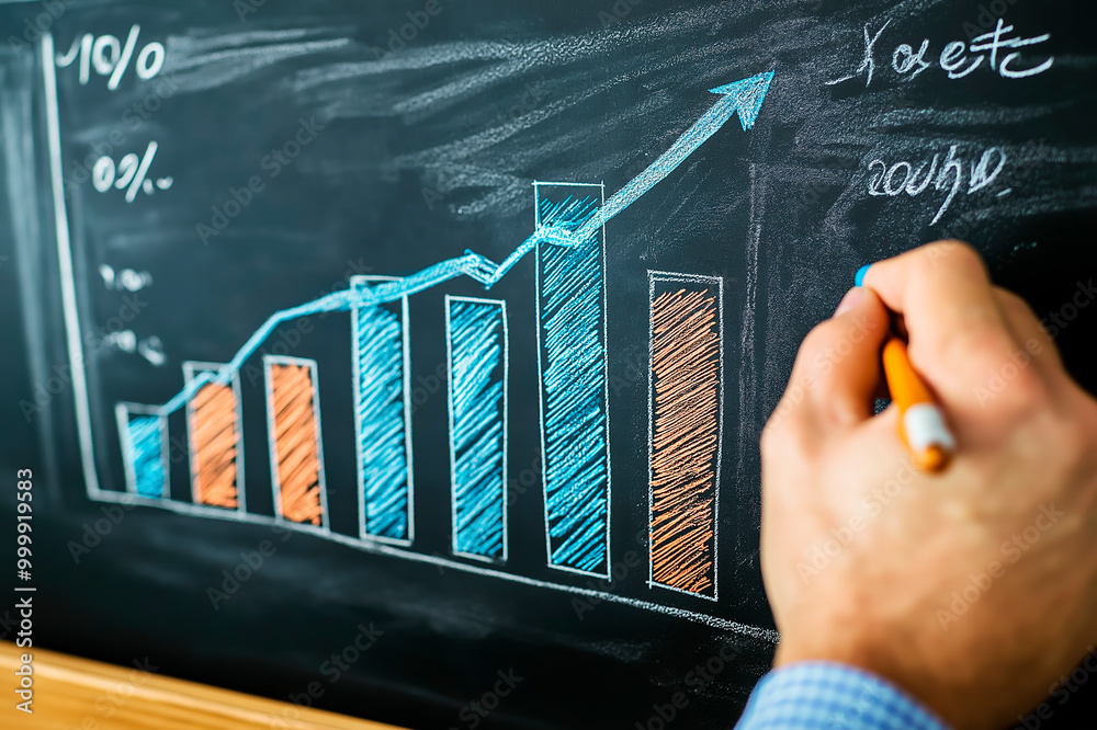 Poster hand drawing a bar graph with a rising trend on a chalkboard background.