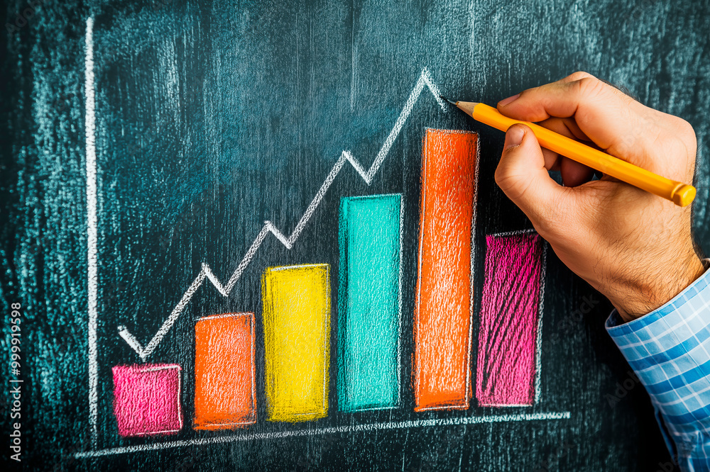 Poster hand drawing a colorful bar graph on a chalkboard background.