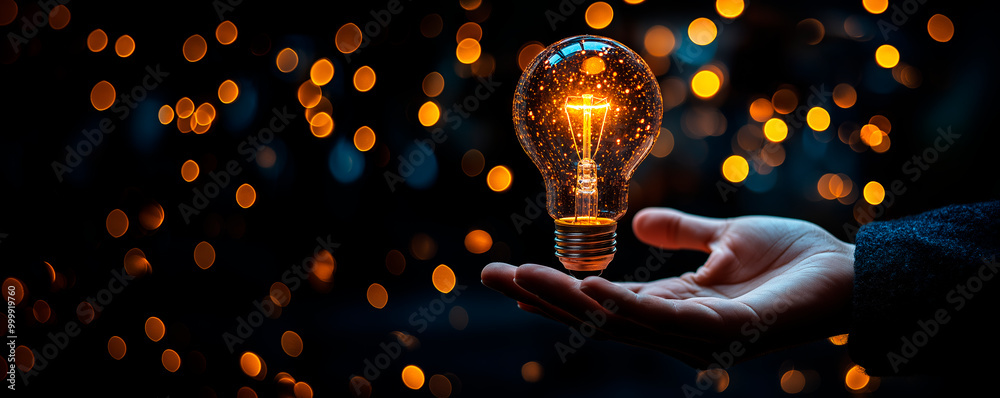 Poster hand holding illuminated lightbulb with bokeh background, symbolizing creativity and innovative idea