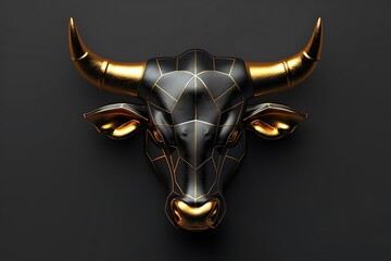 A stylized bull head sculpture in black and gold, showcasing geometric design elements.