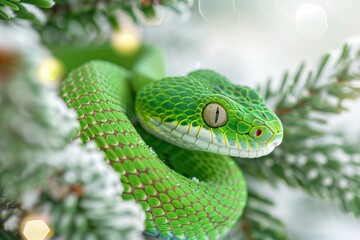 Fototapeta premium A green snake crawls on a Christmas tree covered with snow