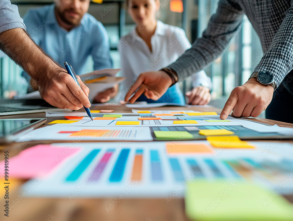 Poster Team collaborating on project with colorful sticky notes and charts on table in office.