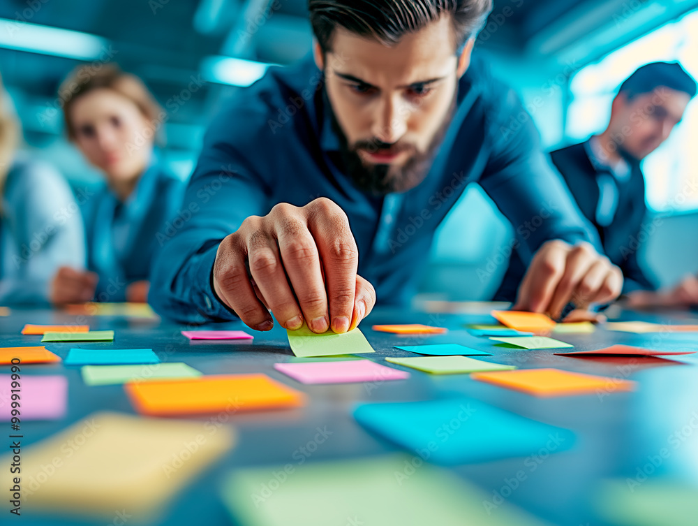 Poster team brainstorming with colorful sticky notes in a modern office setting.