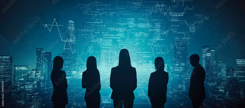 Poster silhouetted professionals analyzing a futuristic digital cityscape with data overlays.