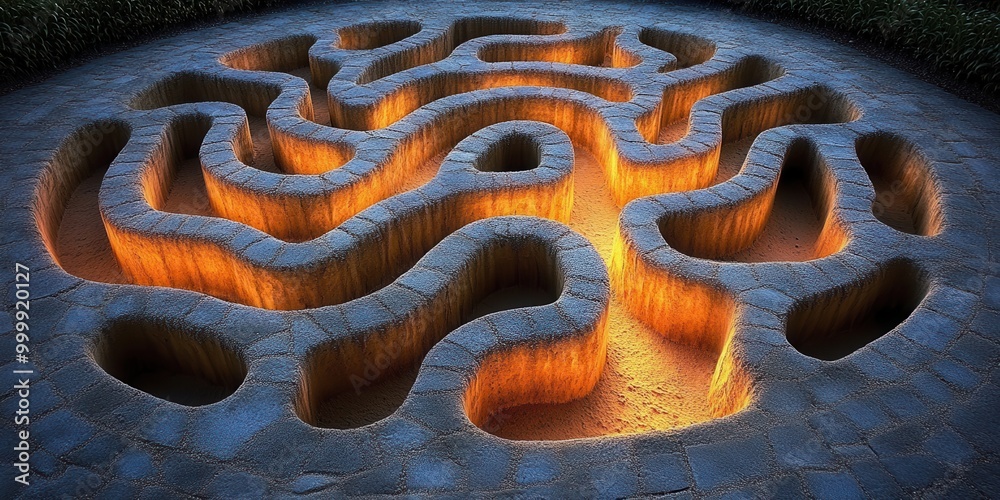 Fototapete A Stone Maze Illuminated By Warm Light, Casting Shadows And Creating Intricate Patterns