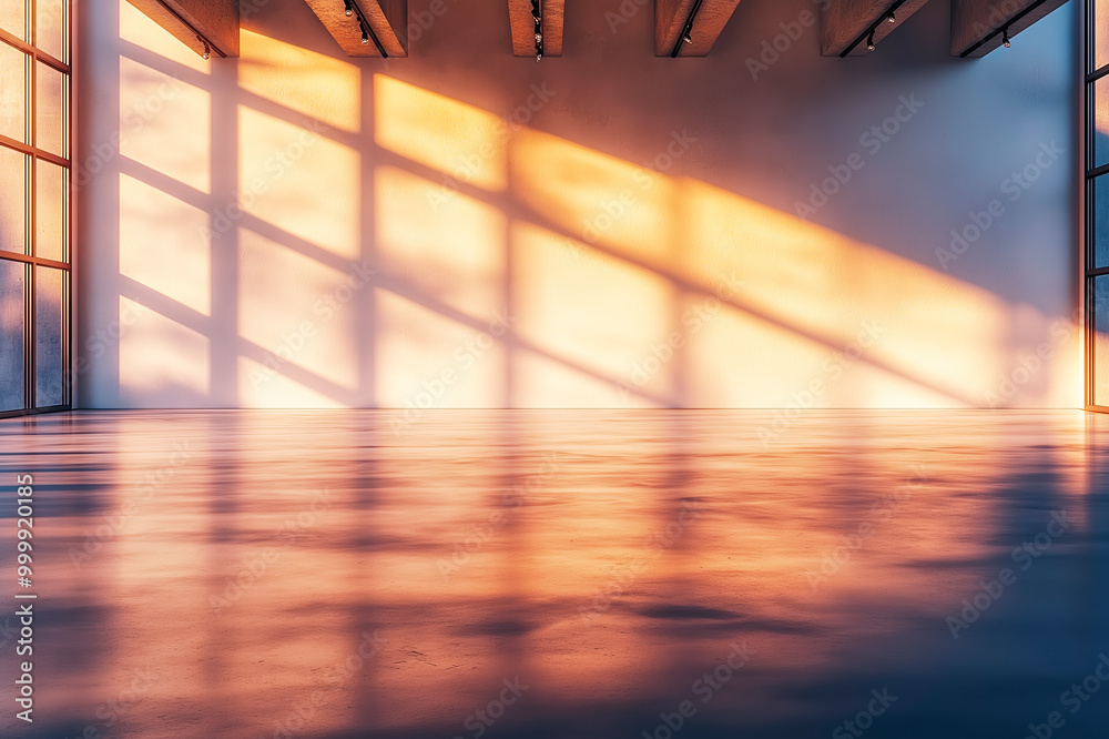 Aufkleber Sunlit empty room with large windows casting light reflections on the floor in a modern style.