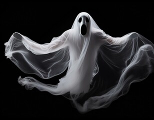 Naklejka premium Floating white Ghost on black background, Halloween concept