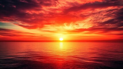 Fototapeta premium A stunning sunset over a calm sea, where the sky is painted in various shades of red and orange, creating a breathtaking natural landscape.