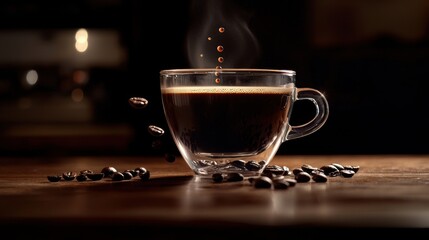 Fototapeta premium Freshly Brewed Espresso in a Glass Cup on a Wooden Table with Coffee Beans