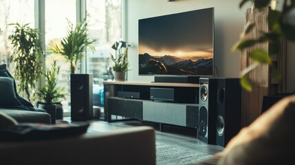 A stylish home entertainment setup featuring a sleek audio player with speakers, surrounded by cozy furnishings, highlighting the importance of sound quality in home entertainment.