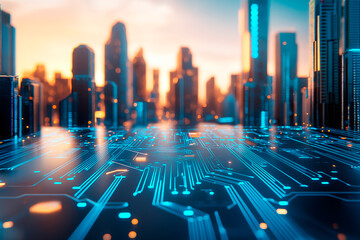 Futuristic digital circuit board overlay on a cityscape at sunset.