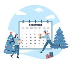 Illustration of a December calendar with people rushing to celebrate Christmas and New Year.