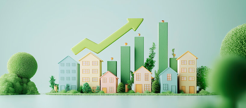 Growth in real estate market depicted with increasing columns and houses on a green background.