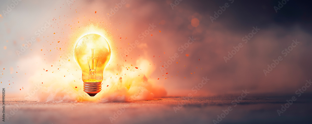 Poster Glowing lightbulb amidst sparkles and mist on a soft gradient background.