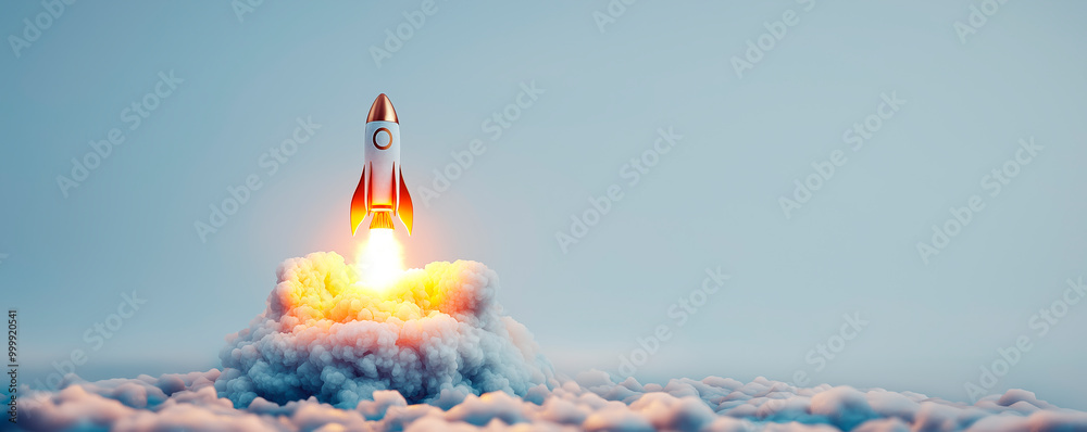 Poster rocket launching into the sky with smoke and fire on a cloudy background.