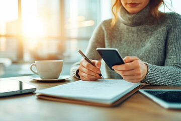 Obraz premium Woman using smartphone and writing notes in a cozy setting with warm light.