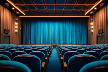 Naklejka premium Empty theater hall with blue seats and closed stage curtain.