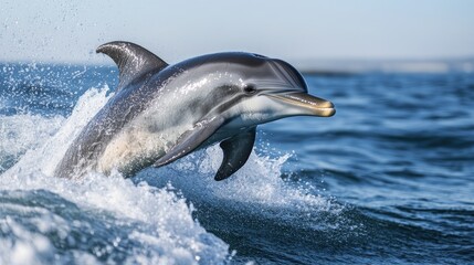 A stunning image of a dolphin riding the waves created by a boat, showcasing its agility and playful spirit against a backdrop of a clear blue sky.
